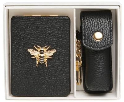 Alice Wheeler Bee Compact Mirror & Lipstick Holder Set – Black Vegan Leather 2-Piece Set with Gold Bee Detail – Includes Clip-On Lipstick Case & Oblong Mirror