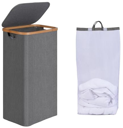 efluky Cesto de Ropa con Tapa 75L, Cesto de Ropa Estrecho con Bolsillo Interior, Bandeja de Ropa Blanco con Asas de Bambú, Cestos de Ropa Plegables para Lavandería, Dormitorio, Baño