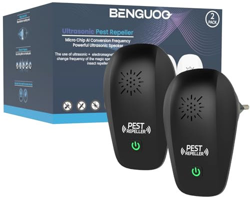 BENGUOO Ahuyentador de Ratas 2 Piezas, Ultrasonidos para Ratas y Ratones, Repelente Ultrasónico de Plagas Interior, Auyentadores de Ratones Potente Anti Arañas Mosquitos para Hogar Oficina Negro