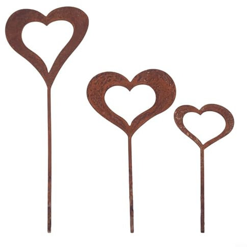 FUBESK Rustic Iron Love Silhouette Garden Stakes Set, 3 Piece Decorative Metal Heart Sculptures For Outdoor Flower Pots, Balcony, Terrace, Christmas Decor