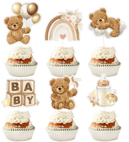 24 Stück Cupcake Topper Babyparty Baby Shower Kuchen Cake Dekoration Taufe Papier Gender Reveal Party Zubehör Kommunion Tortendeko Kuchendekoraion Muffin Deko Tortenstecker Partydeko (Braun)