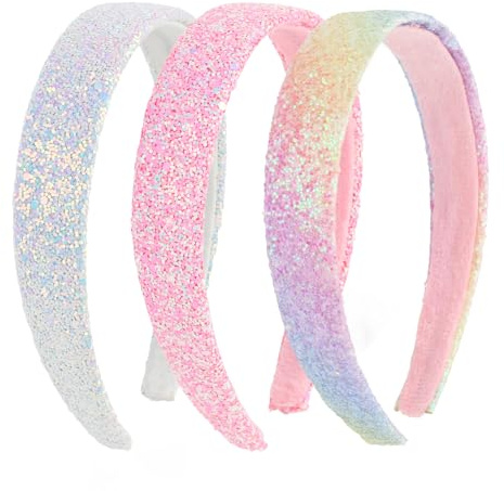 Uintoon Girls Headbands, 3PCS Headbands for Girls Women Glitter Pink Rainbow White Headband Sparkly Sequin Headband Hair Accessories