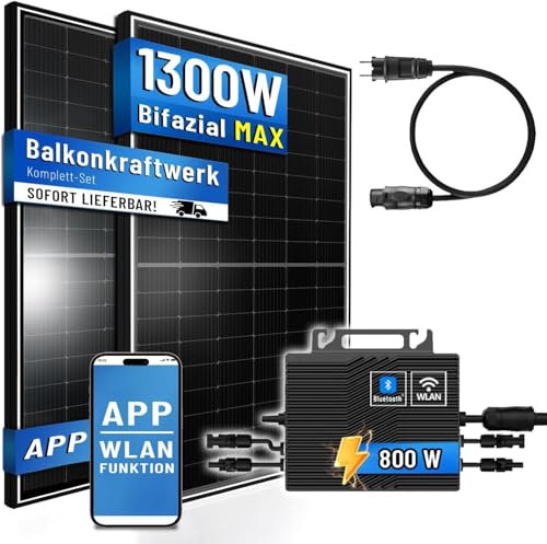 Balkonkraftwerk 1300W Solaranlage mit 800W TSUN Micro Wechselrichter WiFi Bluetooth, Glas-Glas Solarmodule jeweils 500W, Schukokabel 3m, Photovoltaik PV Anlage für Haus Dach Terrasse Balkon