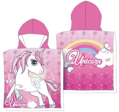 damaloo Einhorn Kinder Badeponcho 55x110cm groß aus Baumwolle - Bademantel für Mädchen & Jungen – Einhörner Poncho mit Motiv - Kapuzenhandtuch für Kinder 55x110 cm