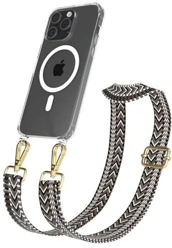 EAZY CASE Handykette - Verstellbares Taschenband kompatibel mit iPhone 15 Pro Max, Schulterriemen, Handykordel mit Silikon Hülle, Qi Charging kompatibel, Umhängetasche, Grau Schwarz Gold