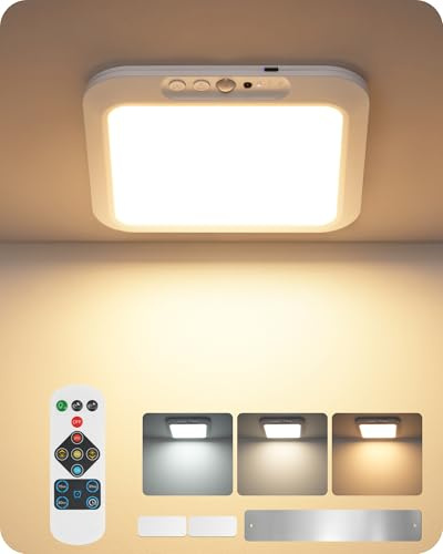 GOEBLESON Rechargeable Motion Sensor Ceiling Light with Remote, Wireless Ceiling Light Battery Operated, No Wiring, Magnetic, Timer,3 Color, Dimmable Shower Light for Hallway Stairs Closet ZW53XDK05N1
