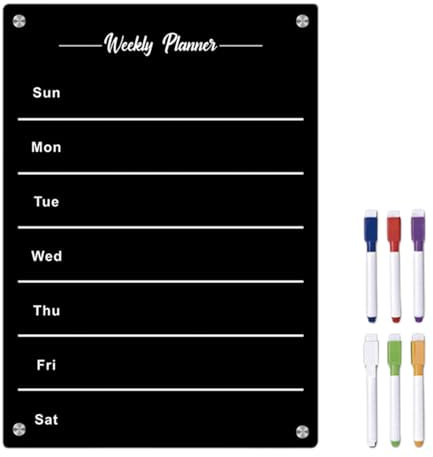 Satiskid Magnetic Weekly Planner, Magnetic Acrylic Calendar for Fridge, Weekly Meal Planner and Grocery List, Black Calendar Planner Dry Erase Board Set for Refrigerator/Glass/Kitchen/Office (Black)