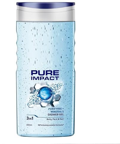 Pure Impact Shower Gel – 250ml | 3-in-1 Body Wash for Hair, Face & Body | With Microfine Scrub Particles | Deep Clean & Fresh Feel for Men