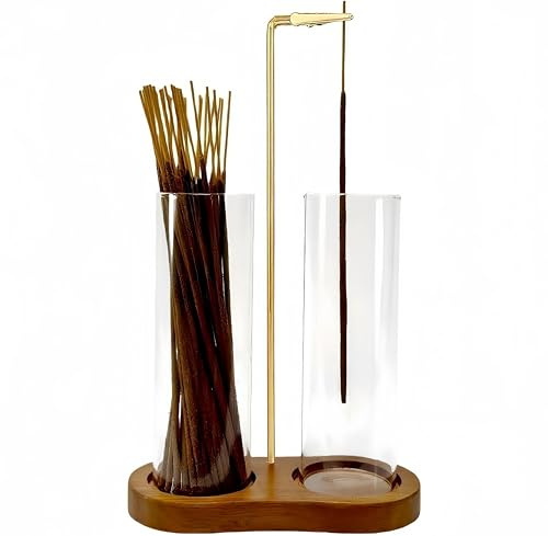 Moocervi Incense Holder,2 in 1 Incense Sticks Burner Holder with Storage,Hang Upside Down Incense Holder for Sticks with Glass Ash Catcher for Meditation Yoga Spa Room Decor (Brown)