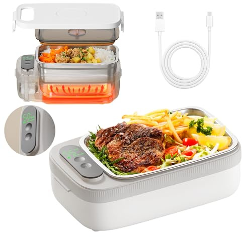 Elektrische Lunchbox für Erwachsene, Wiederaufladbare Beheizbare Lunchbox | Kabellose Speisenwärmer mit 1L Herausnehmbarer Edelstahl Innenfutter,Digitalanzeige, für Auto/Büro/Schule/Picknick/Outdoor