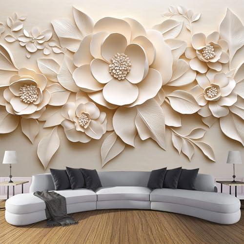 Carta Da Parati Fiori Astratti Foglie 430×300cm Wallpaper Carta Da Parati Murale 3D, Petali Rilievo 3D Fotomurali Moderni Per Soggiorno E Camera Da Letto, XXL Decorazione Murale 3D, Beige