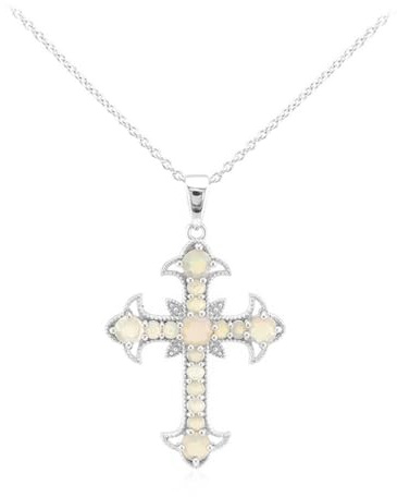 Cavill Welo-Opal Silberkette Kreuzanhänger 925 Sterling Silber, 0,91 Ct. äthiopische Rundschliff Opale, eleganter moderner Schmuck, silberfarben 38x23 mm