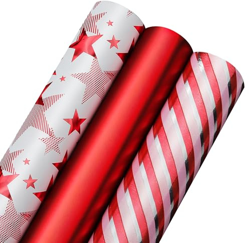 Neloheac Rot Geschenkpapier, 3 Rollen, 43 cm x 3 m pro Rolle, Entwickelt für Frauen und Männer, Weihnachten, Geburtstag, Hochzeit, Jahrestag, Valentinstag