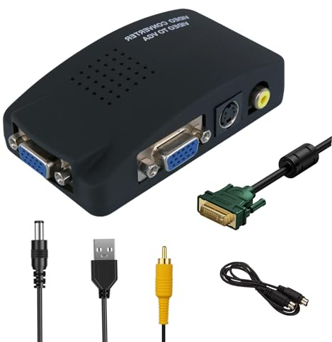 VGE AV zu VGA Konverter Adapter, Video Converter mit Pip Funktion, für PS2, DVD zu Monitor, Inkl. VgaKabel, AVKabel, S-VideoKabel & NetzteilKabel | Einfache Plug-and-Play-Einrichtung