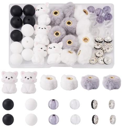 Craftdady Silikonperlen-Set mit Katzenmotiv, runde Silikonperlen, Pelz, europäische Perlen, Pompons, Eisen-Abstandshalter für Armbandherstellung, Perlenstifte, Bastelarbeiten, Hellviolett, 44 Stück
