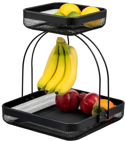 eluno 2-stöckige Obstetagere mit Bananenhalter, Brotkorb, Obstschale, Obstkorb aus Metall, viel Platz für die übersichtliche Lagerung von Obst, Gemüse, Brot und Snacks in Küche und Wohnzimmer, Schwarz