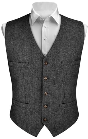 AUYAO Gilets Costume Homme, Gilet Formel Affaires sans Manches Couleur Unie à Col en V en Cotton Tweed avec Poche pour Mariage, Fête d'affaires, Tenue Quotidienne