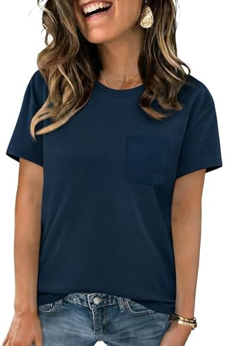Crewhpo Women's T-Shirts Short Sleeve Round Neck T-Shirt with Chest Pocket Summer Casual Plain Tees Loose Fit Blouse Basic Tops Navy Blue