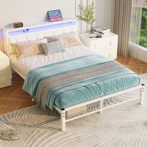 BORPHOM King Size Bed Frame with Storage,LED Lights,5ft White Metal Bed Frame Kingsize Bed Frame with Charging Station,Mattress Foundation,Strong Steel Slats Support,Noise Free