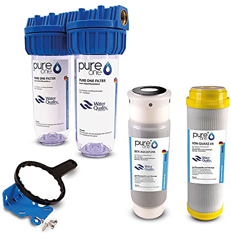 PureOne EAS2 EisenAktiv-Set Doppel-Filteranlage 10 Zoll. Enteisenung, Chlor, Geschmack und Schadstoffe. Filtergehäuse mit Quarz- und Aktivkohle Filterkartusche. Hauswasserwerk, Brunnen