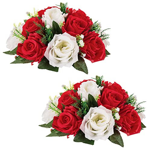 2 Pezzi Fiori Finti, Rose Plastica a 15 Teste con Base, Adatte per Centrotavola Matrimonio del Nostro Negozio Fioriera per Decorazioni per la Casa di San Valentino(Rosso&Bianco)