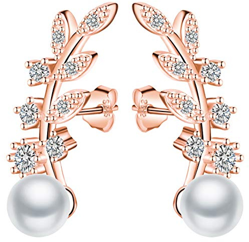 Unendlich U Fashion Blätter Damen Ohrstecker 925 Sterling Silber 5mm Perlen Zirkonia Ohrringe Pearls Earrings Rosegold