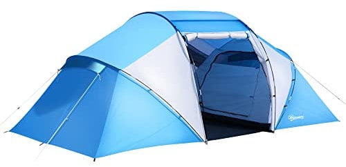 Outsunny 4-6 Man Camping Tent with Living Area and 2 Bedrooms, Hiking Sun Shelter, UV Protection Tunnel Tent, Blue and White