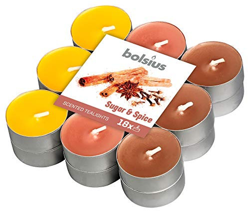 Bolsius 18 Tealights +/-4h, 3 Colori, Fragranza Zucchero e Spezie