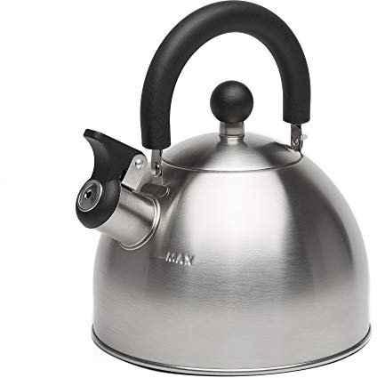 Primula Stewart Whistling Stovetop Tea Kettle Food Grade Stainless Steel, Hot Water Fast to Boil, Cool Touch Folding, Brushed with Black Handle