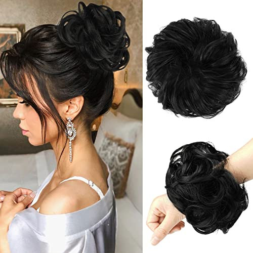 FESHFEN Haarteil Mit Gummiband, Groß Dutt Haarteil Haargummi Mit Haaren Gelockt Haardutt Synthetisch Haarverlängerung Pferdeschwanz Haarteile für Damen Mädchen, Schwarz 55g