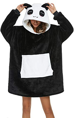 Unisexe Sweat à Capuche Panda Pull Large Robe de Chambre Animal Microfibre Couverture Flanelle Panda Mignon Douce Epaisse Chaud avec Grandes Poches