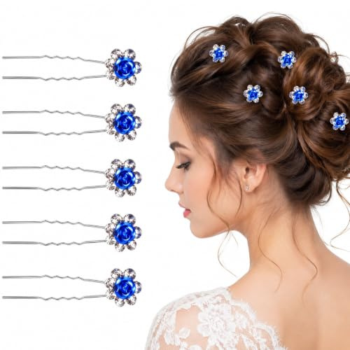 Trimming Shop Rose Flower Crystal Hair Pins Clips - Blue, Pack of 20 | Bridal Wedding Clips with Rhinestone Flowers - Elegant Hair Accessories for Women, Wedding Bridal Hairstyle, Prom Party