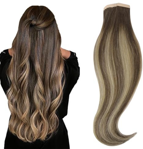 hotbanana Tape in Extensions Echthaar, 50cm Tape Extensions Echthaar 20 Zoll 20 Stück 50g Balayage Schokoladenbraun bis Honigblond Echthaar Extensions Tape Gerade Remy Echthaar Tape Extensions
