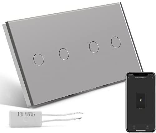 BSEED Táctil Dimmer (NON-WIFI) 2 Gang 1 Way y Interruptor WIFI 2 Gang 1 Way (Se Necesita Cable Neutro) Compatible con Alexa/Tuya/Gloogle Home,Panel de Vidrio 157 * 86 Interruptor de Luz de Pared Gris