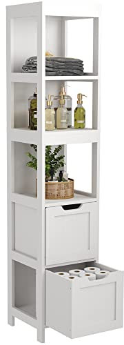 HOMEFORT Bathroom Storage Cabinet, Slim Tall Cabinet, Narrow Floor Cabinet Organizer, Wooden Linen Tower with 2 Drawers and 3 Shelves, Freestanding Cupboard White