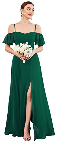 Ever-Pretty Women's Ruffles One Shoulder Short Sleeve Empire Waist A Line Chiffon Long Cocktail Evening Dresses with Side Slit Dark Green 18UK
