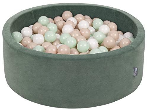 KiddyMoon Rund Bällebad Velvet Bällepool 90X30cm/200 Bälle ∅ 7Cm Ballgruben Für Babys Spielbad Kleinkinder, Hergestellt In Der EU, Waldgrün: Pastellbeige/Weiß/Minze