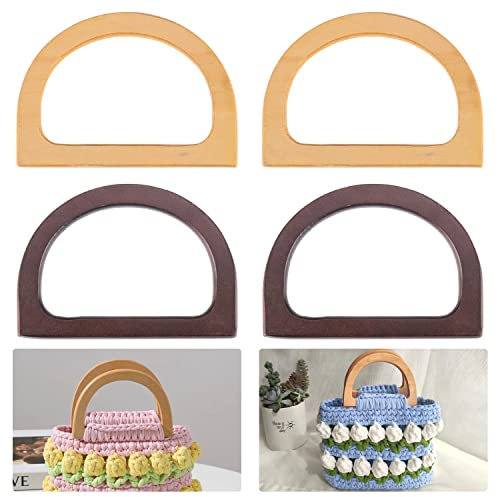 Prmape 4 Stück Taschengriffe Holz, Taschen Griffe, 12 * 8.5cm Ersatz D-Form Handtasche Griff, Taschengriffe für handgemachte Strandtasche Handtaschen Stroh Tasche Handtasche Griffe