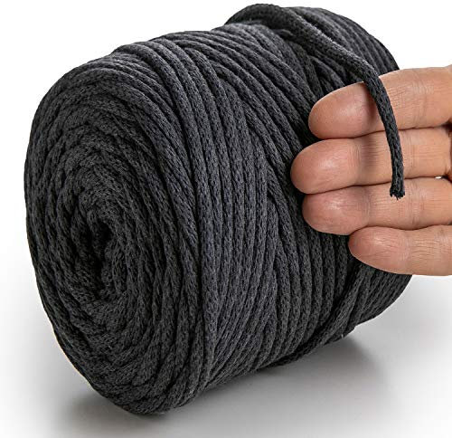 MeriWoolArt® Makramee Garn Graphit 6 mm x 85 m Baumwollkordel, recyceltes weiches Baumwollgarn für das Stricken von Pflanzenhängern, Schmuckherstellung, Häkeltaschen