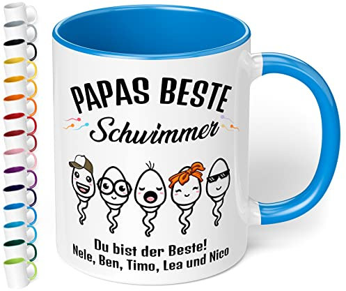 Lustiges Geschenk zum Vatertag: Tasse personalisiert „Papas beste Schwimmer!“ – Kaffeebecher mit Namen & Wunschtext - 330ml Keramik - Geburtstag Vatertagsgeschenke (Cambridge Blau)