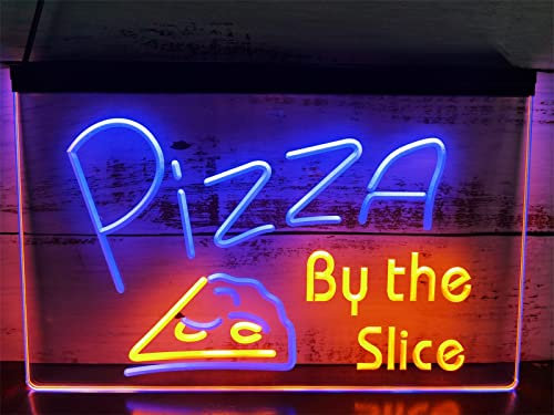 Panneau Lumineux LED Signs Pizza by The Slice LED Neon Sign, Plug Powered Dual Color Letters LED Light Board, pour Pizza Shop Suspendu Panneau Lumineux, 40X30cm,Blue Yello (Bluege)