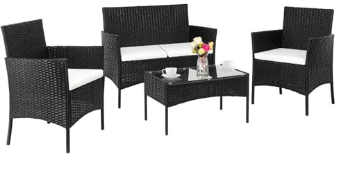 LEADZM Gartenmöbel Set,Balkonmöbel,Polyester Rattan Sitzgarnitur,Balkonmöbel,Wetterfest,UV-Schutz, Sitzplätze für 4 Personen,Sofa für 2 Personen, 2 Einzelsessel,für Wohnzimmer,Balkon, Garten,Schwarz