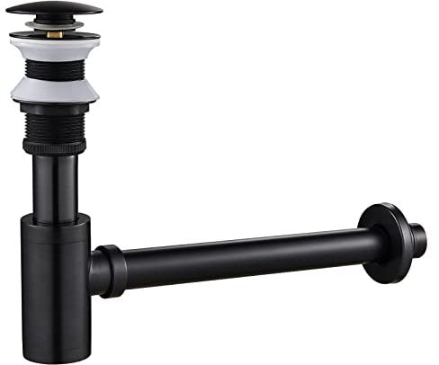 KINKIBOS Design Siphon mit Pop Up Ventil Ablaufgarnitur für Waschbecken, Siphon 1 1/4 zoll aus Messing Abflussgarnitur Abfluss für Bad, Geruchsverschluss inkl. Dichtungen, Schwarz Retro