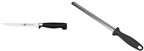 Zwilling Vier Sterne Filiermesser, Klingenlänge: 18 cm & Wetzstahl mit Diamant-Beschichtung, Oval, Länge: 26 cm, Kunststoffgriff mit Aufhängöse, Schwarz