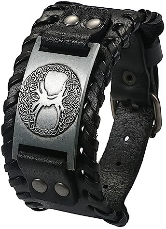 Cupimatch Herren Retro Breites Metall Wikinger Armband PU Leder Armband Punk Style Armbänder Breiter Gürtel Manschette Armreif Rock Wrap Bracelet für Männer Junge