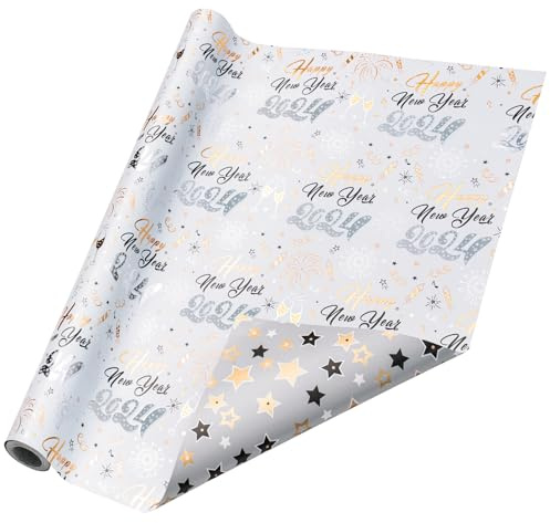 Holijolly Reversible 2024 Geschenkpapier - Happy New Year 2024 & Star Design - 43.2 CM x 10 M(46.45 sq.ft.)