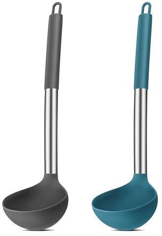 Joyfair Lot de 2 louches à soupe en silicone, résistantes à la chaleur, avec poignée en acier inoxydable, grande cuillère à sauce de 30 cm, pour cuisiner/remuer/servir, saine et anti-adhésive – Gris