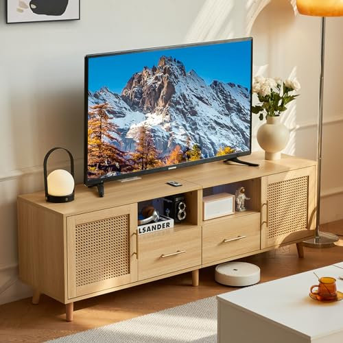 JanflyHome TV Ständer für 70 Zoll TV - Moderne Rattan Medienkonsole mit Ladestation Lichtleiste, Entertainment Schrank Akzente Aufbewahrungsmöbel für Wohnzimmer Holz