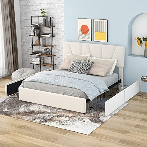 LATICO Polsterbett 140 x 200 cm-Doppelbett Bett mit Lattenrost, Plattform Bett mit Vier Schubladen auf Zwei Seiten, Verstellbares Kopfteil, Jugendbett Gästebett, Samtpolsterung, ohne Matratze Beige