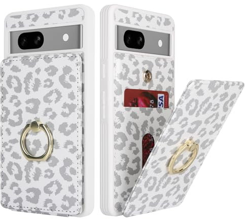 SailorTech für Google Pixel 7a Handyhülle mit Kreditkartenhalter für Frauen, Google Pixel 7a Hülle Ring-Ständer Kartenschlitze Standfunktion Modische Tasche für Männer - Weißer Leopard